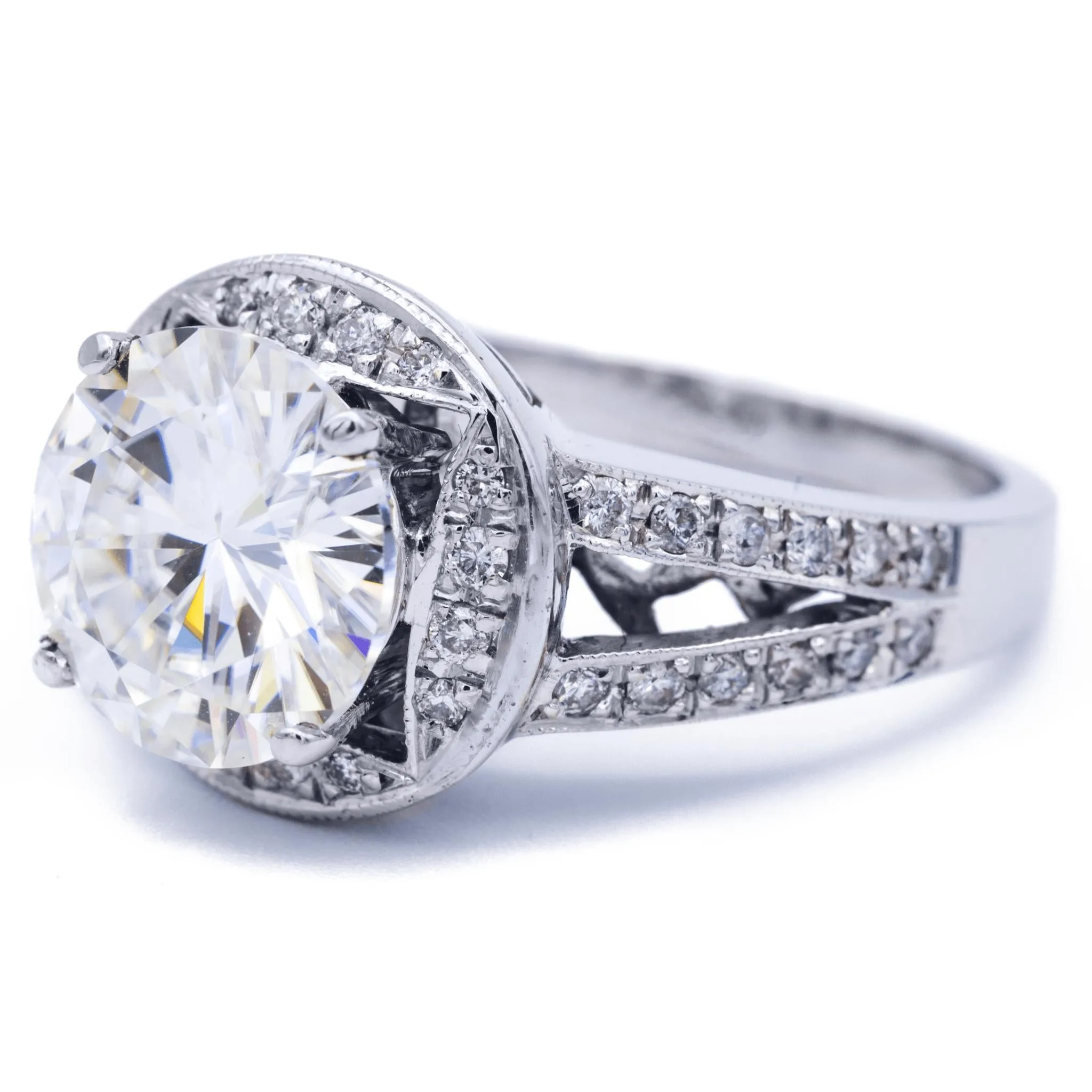 10mm Round Moissanite and Diamond Halo 18K White Gold Ring