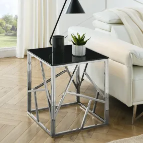 20 Inch Modern Glass End Chrome Accent Table with Geometric Metal Frame