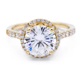 9mm Round Moissanite 14K Yellow Gold Micro Pave Halo Filigree Engagement Ring