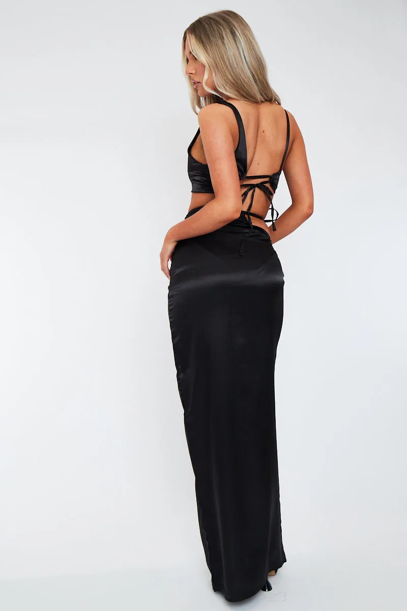 Black Satin Asymmetric Crop Top & Maxi Skirt - Odell