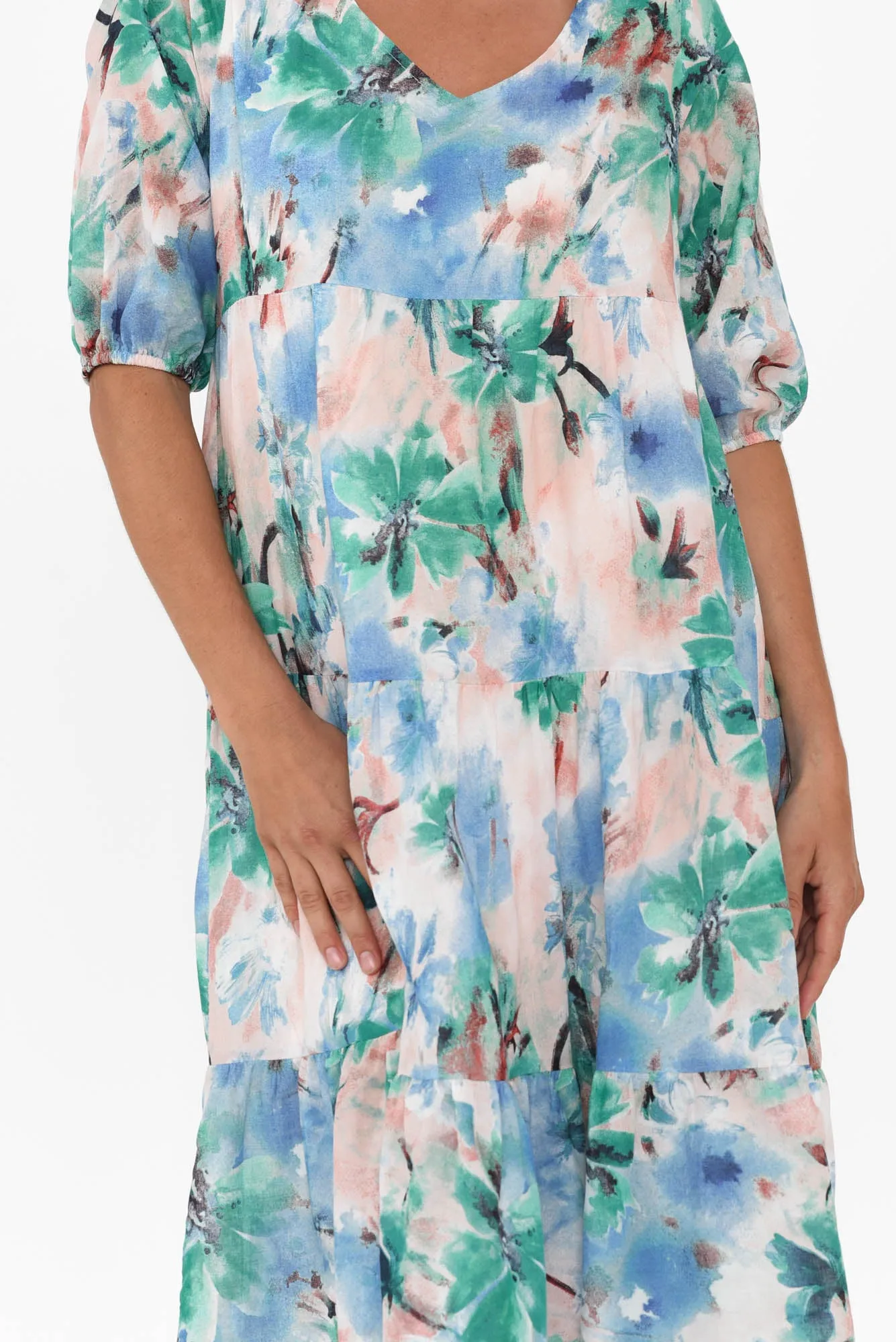 Cecca Blue Floral Cotton Tier Dress