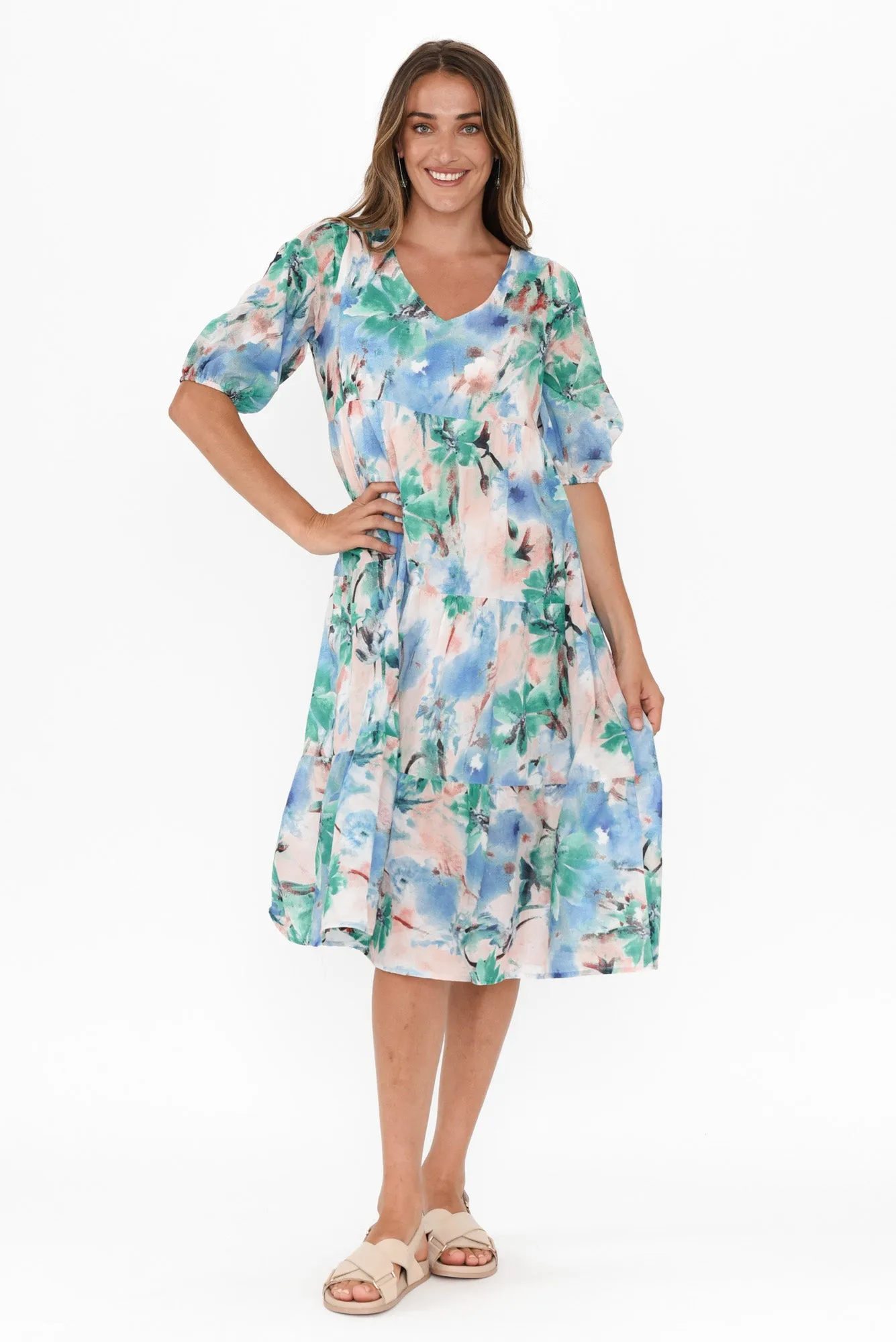 Cecca Blue Floral Cotton Tier Dress