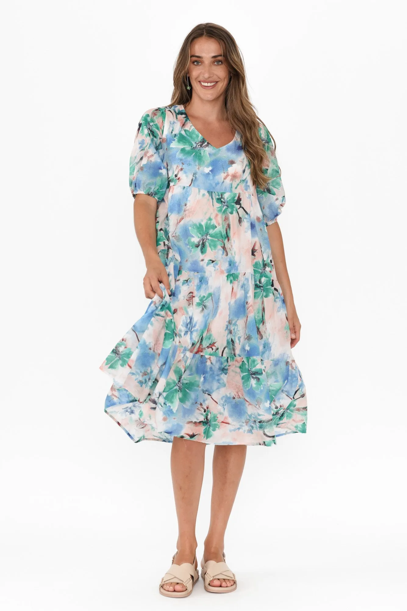 Cecca Blue Floral Cotton Tier Dress