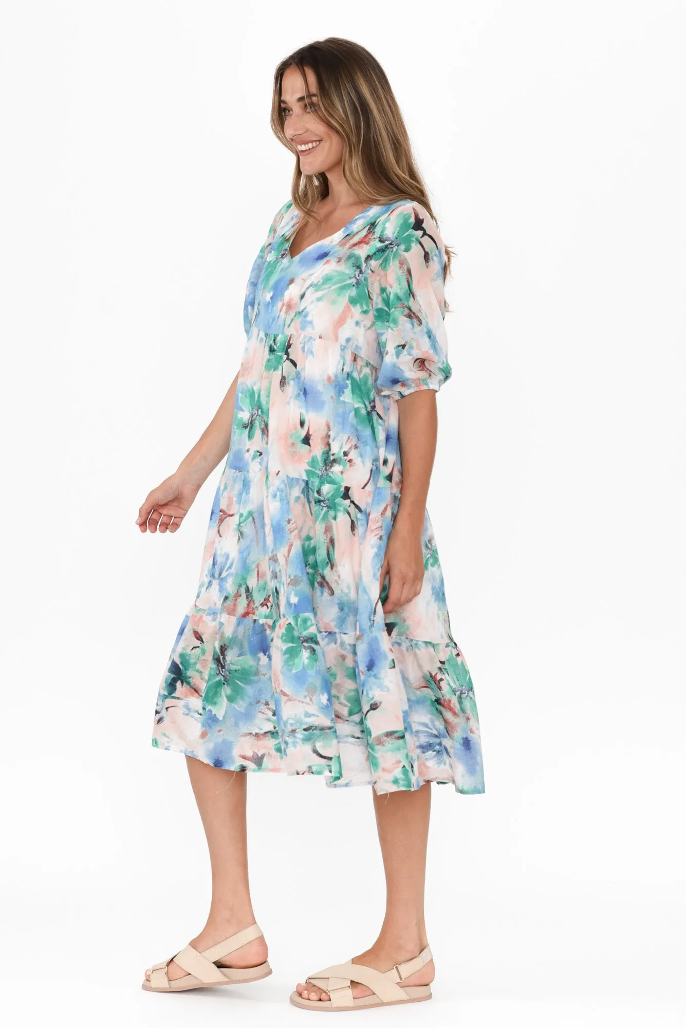 Cecca Blue Floral Cotton Tier Dress