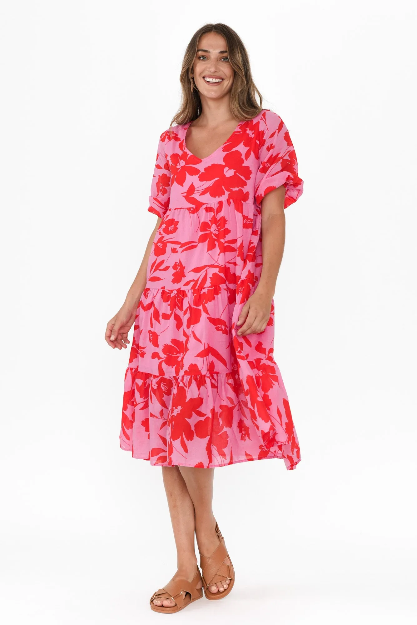 Cecca Pink Floral Cotton Tier Dress