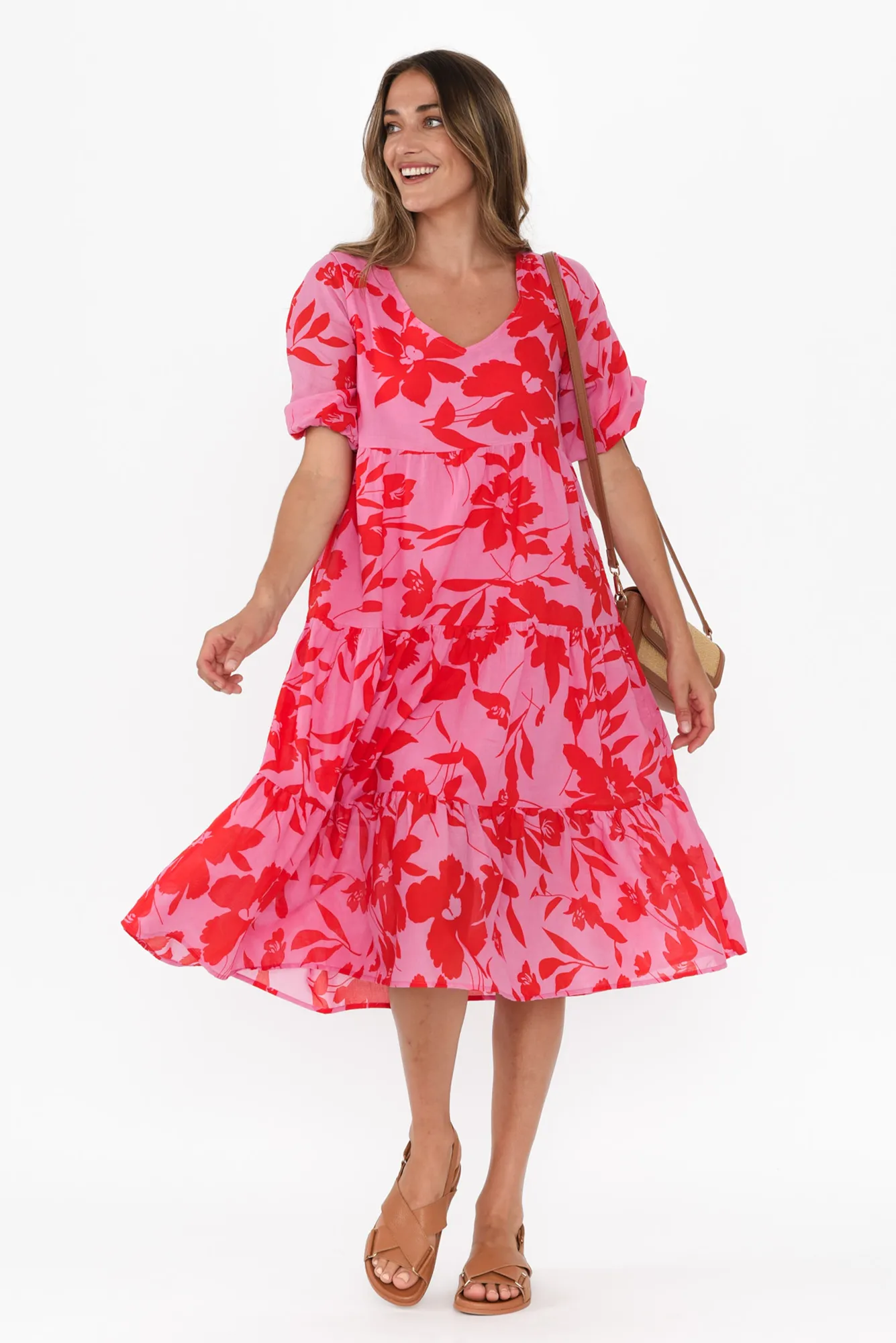 Cecca Pink Floral Cotton Tier Dress