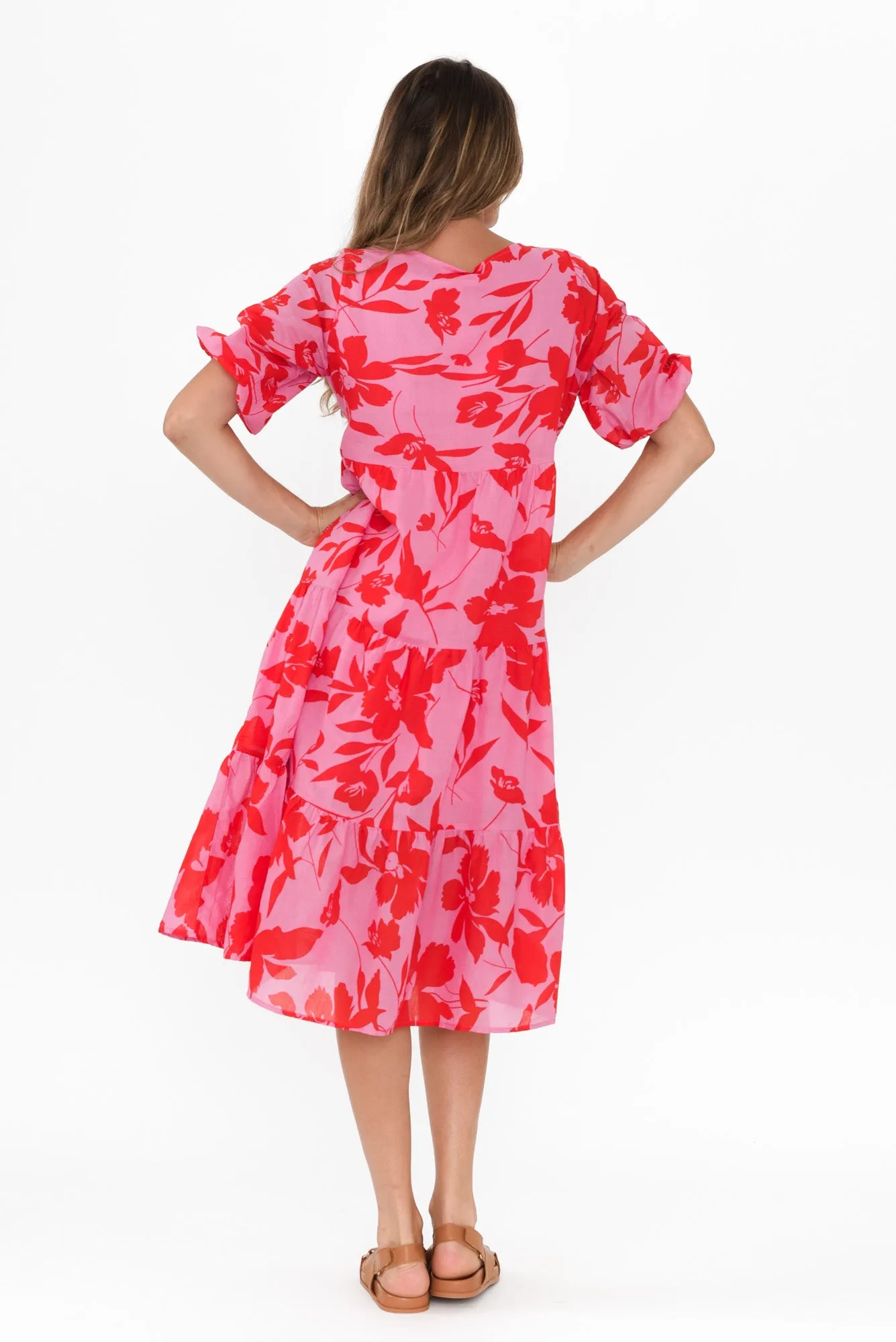 Cecca Pink Floral Cotton Tier Dress