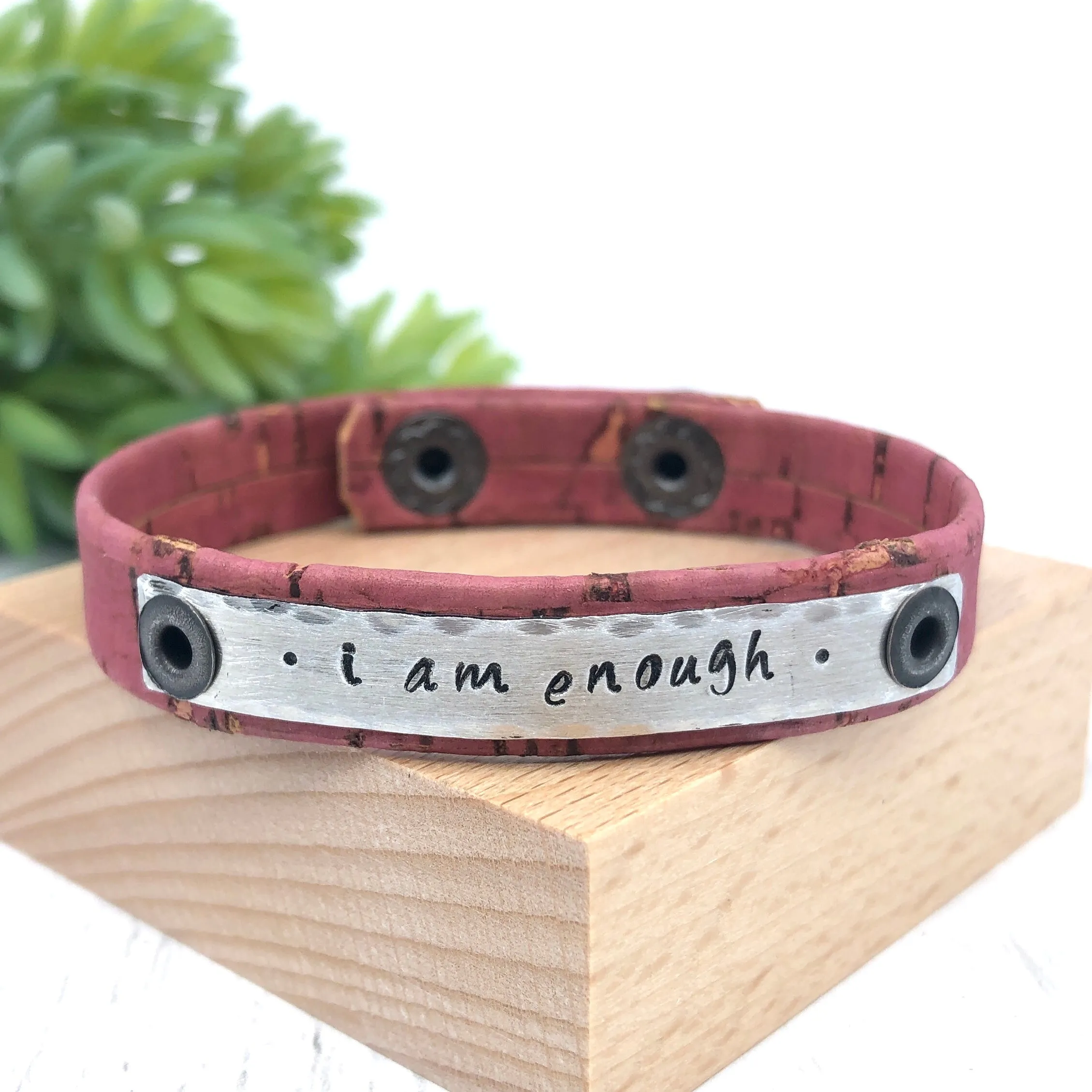 Cork Skinny 'I am enough' Dusty Rose Pink Bracelet, adjustable