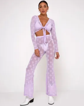 Herlom Flare Trouser in Lilac Mesh Daisy White Flock