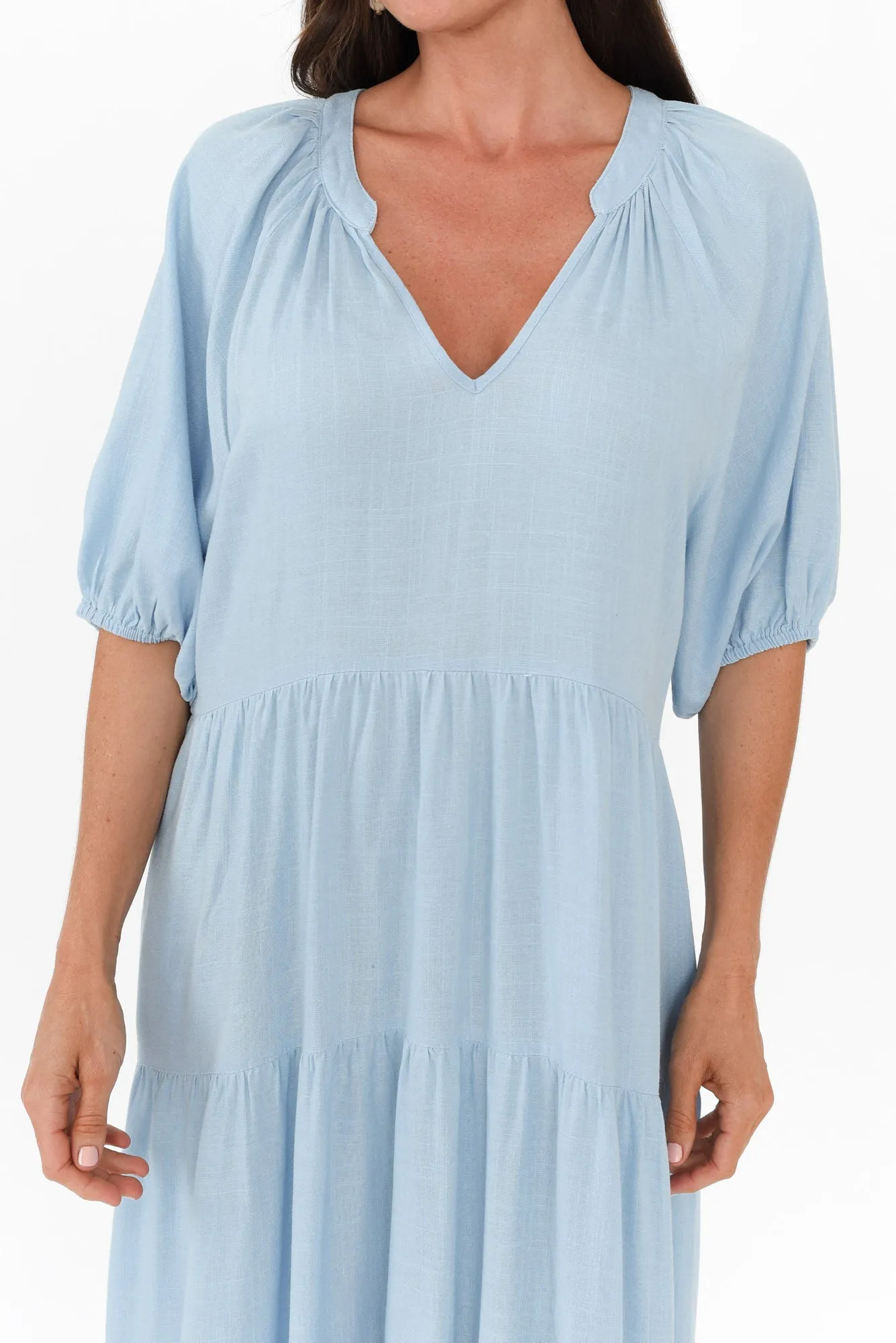 Imogene Light Blue Cotton Linen Tiered Dress