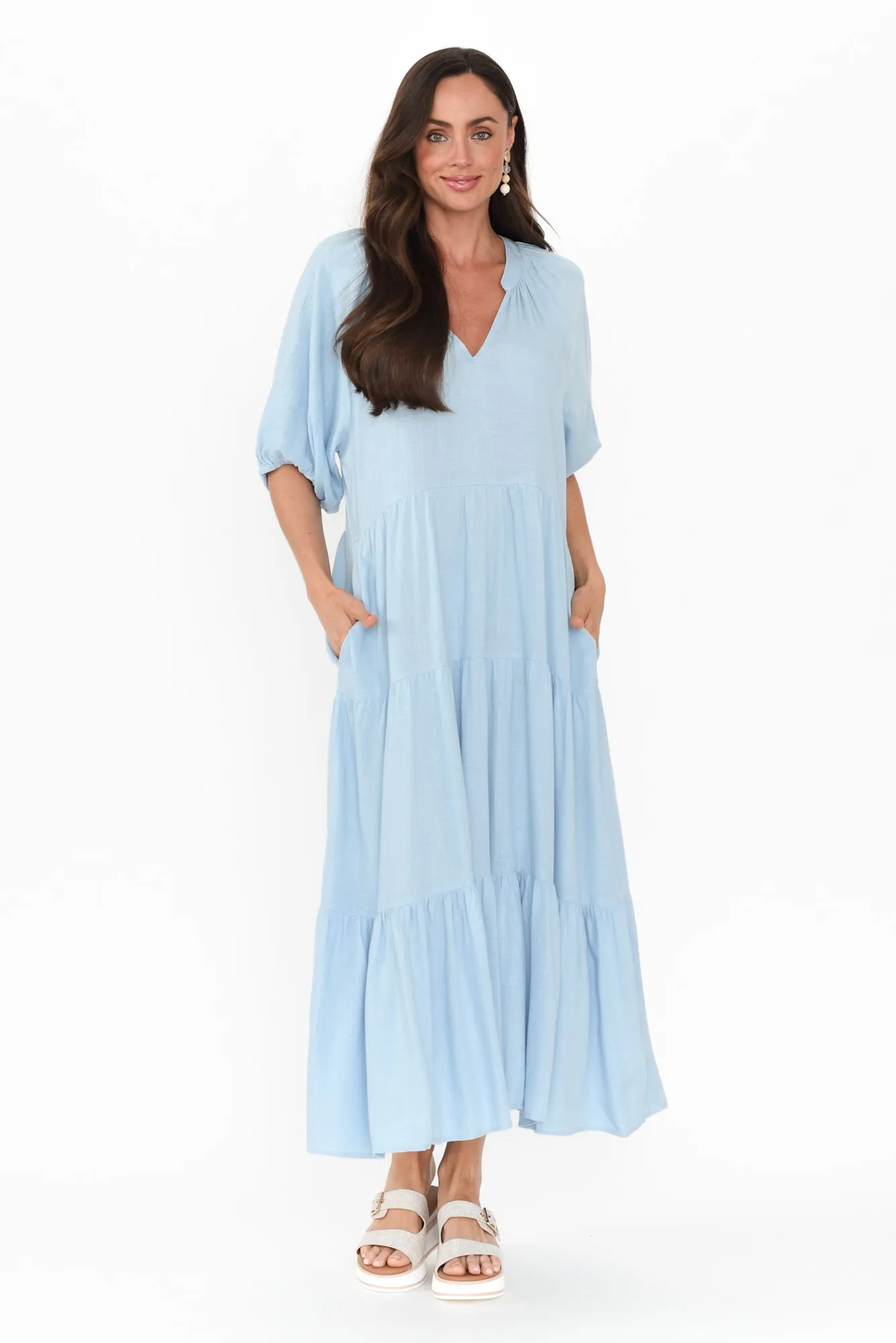 Imogene Light Blue Cotton Linen Tiered Dress