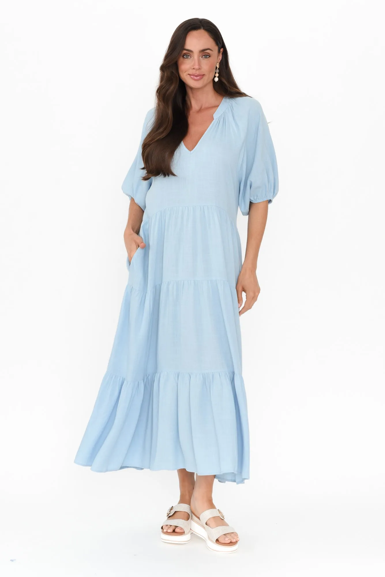 Imogene Light Blue Cotton Linen Tiered Dress