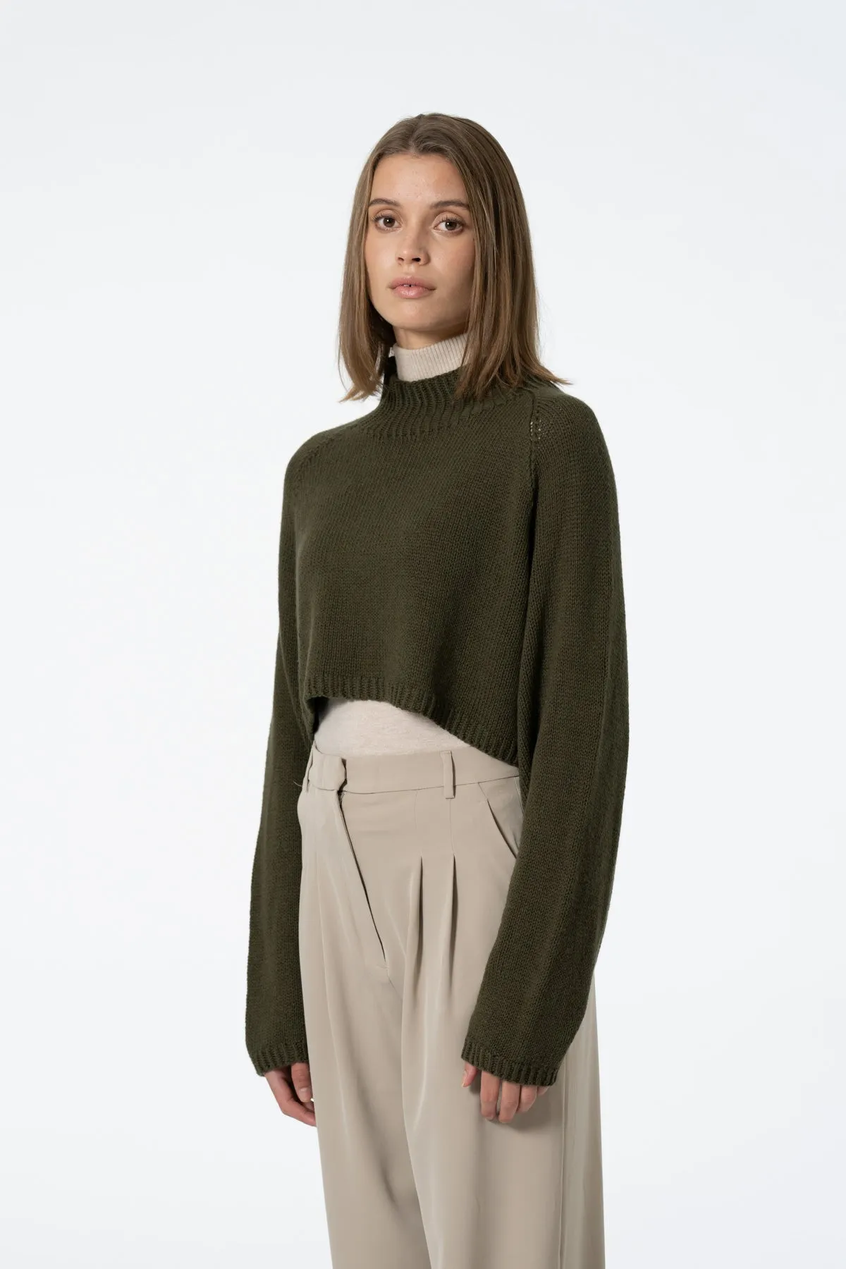 Merino Cropped Sweater in Olive Green