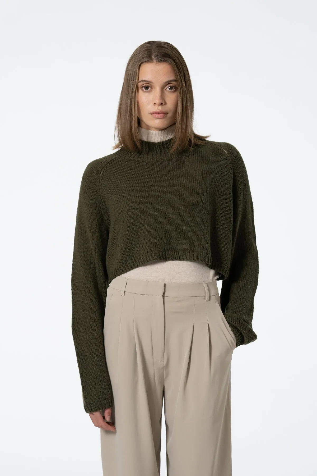 Merino Cropped Sweater in Olive Green