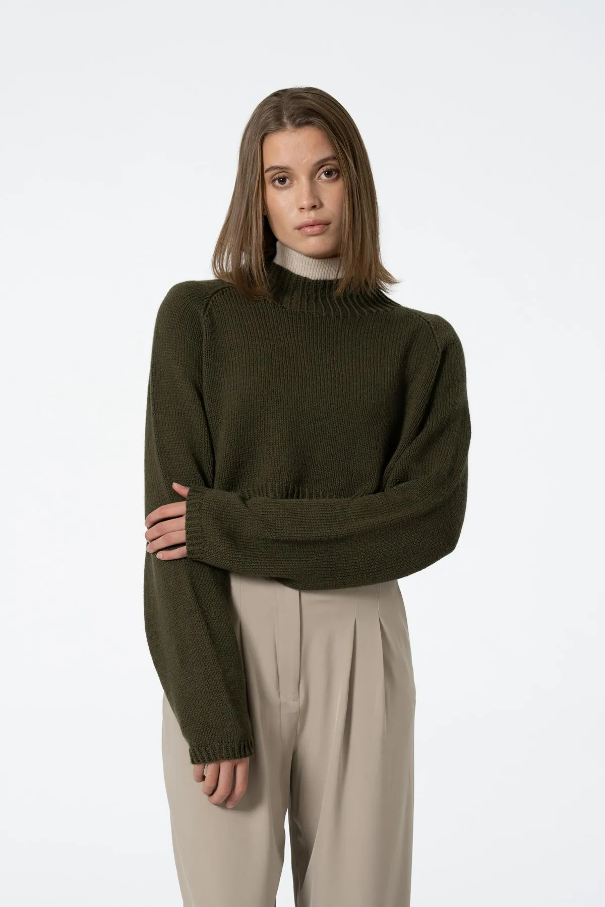 Merino Cropped Sweater in Olive Green