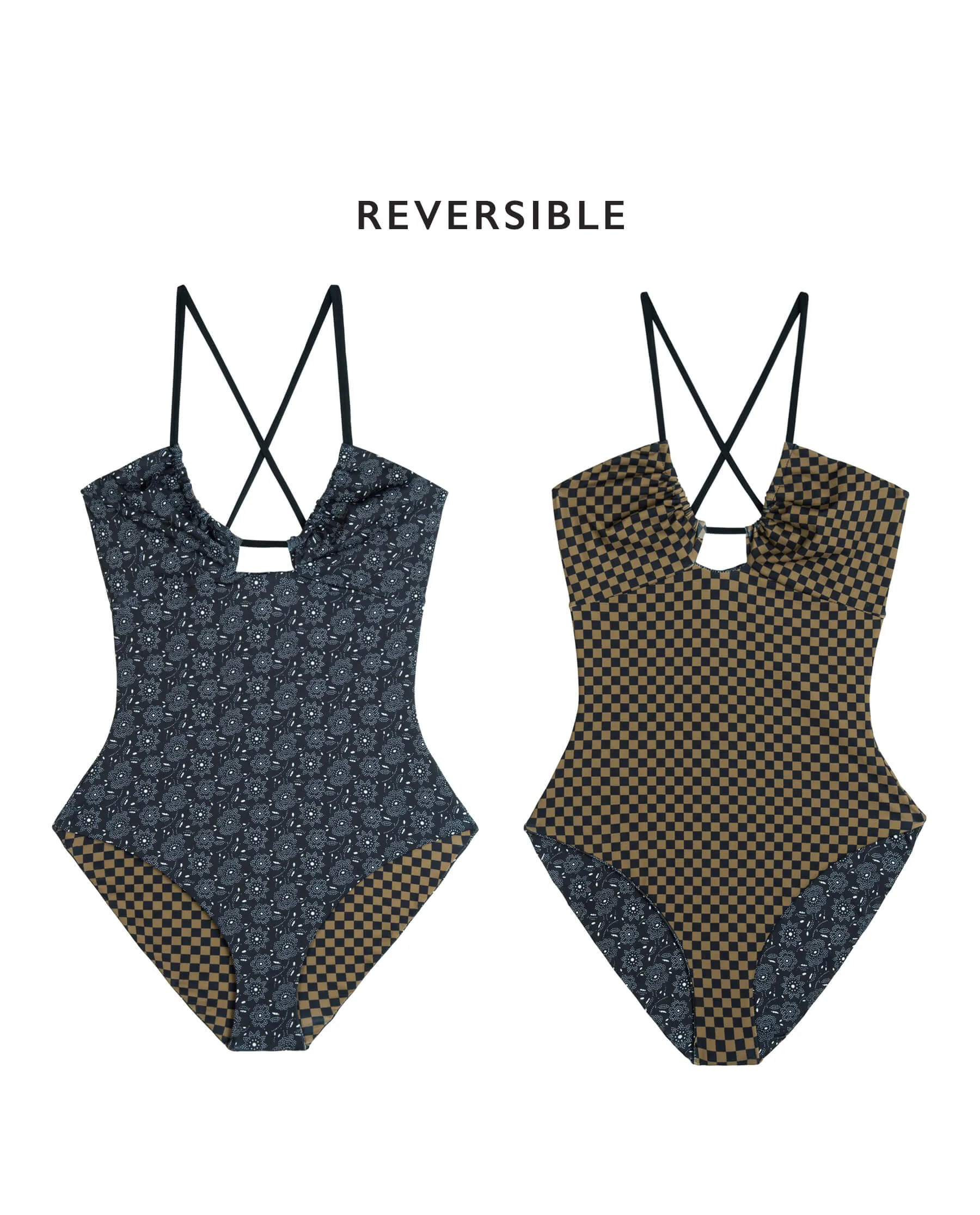 The Reversible Keyhole One Piece. -- Black Bandana Daisy and Bronze Check