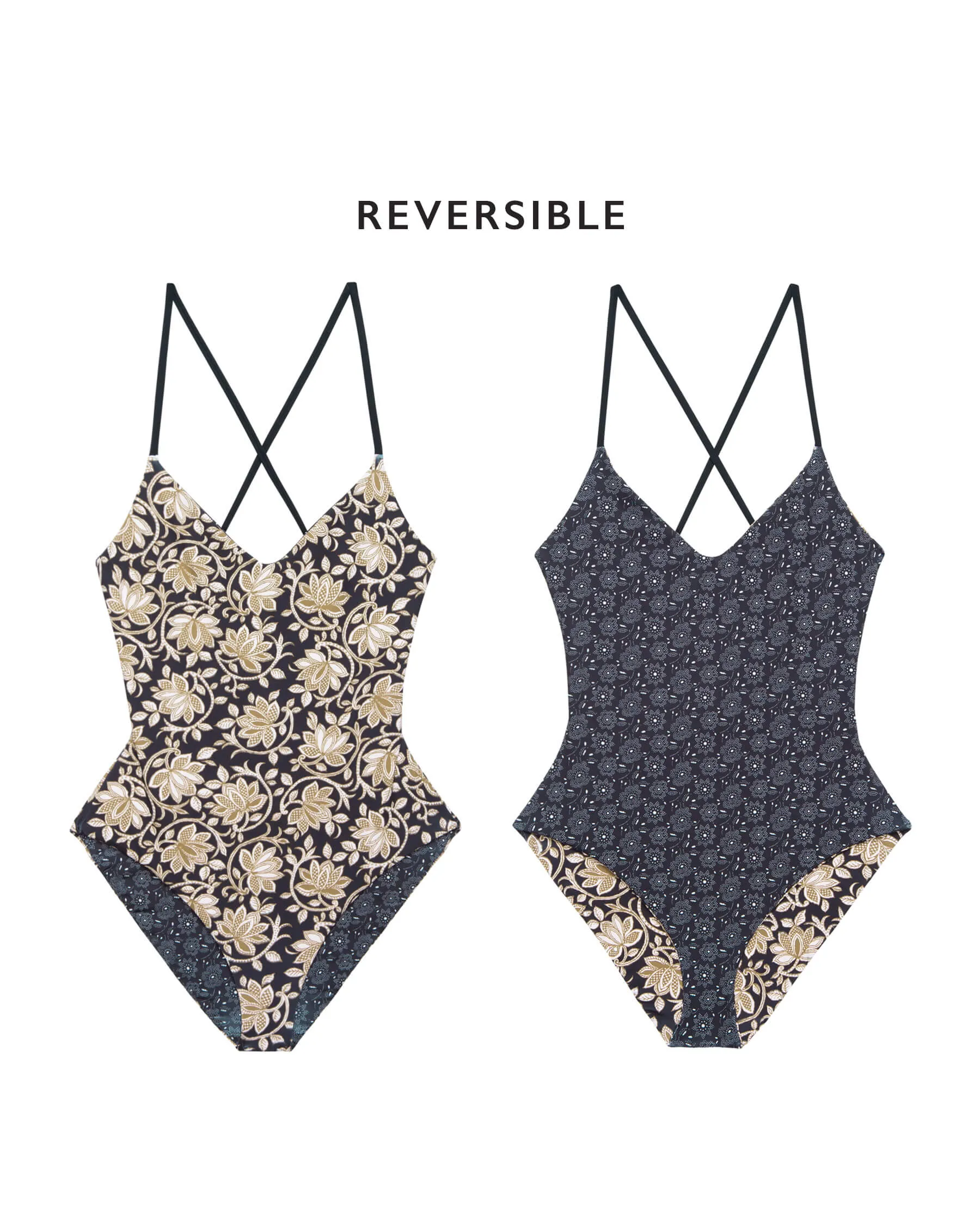 The Reversible Lace Up One Piece. -- Black Oasis Floral and Black Bandana Daisy