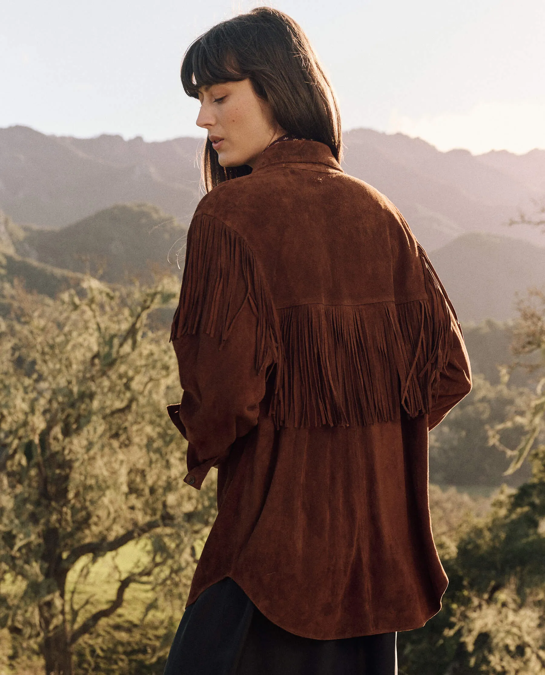 The Suede Fringe Shirt Jacket. -- Cognac