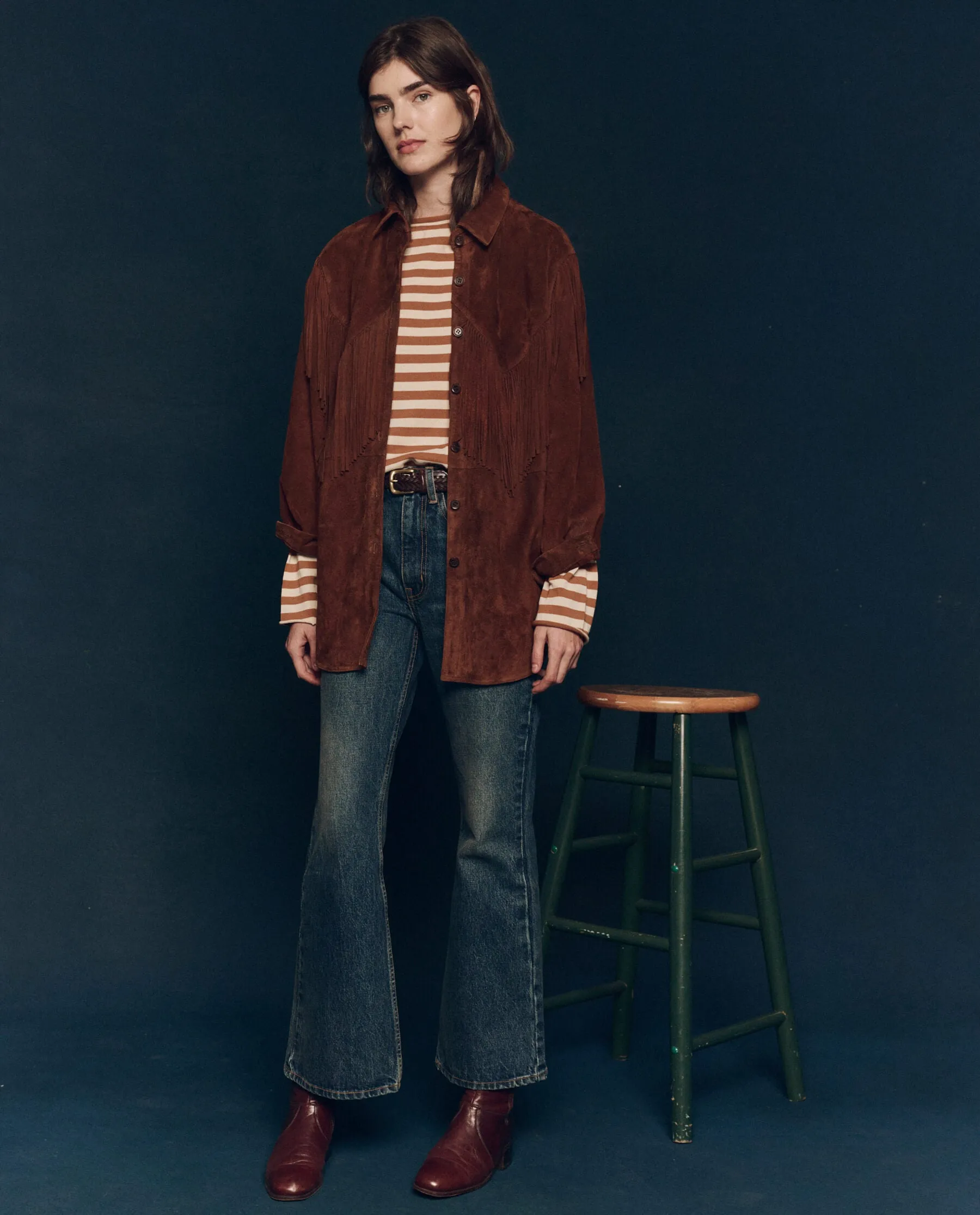 The Suede Fringe Shirt Jacket. -- Cognac