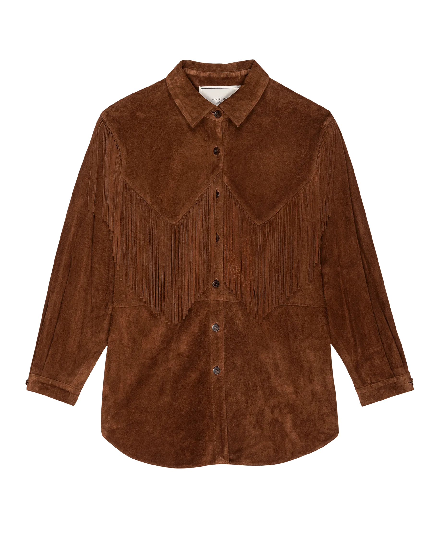 The Suede Fringe Shirt Jacket. -- Cognac