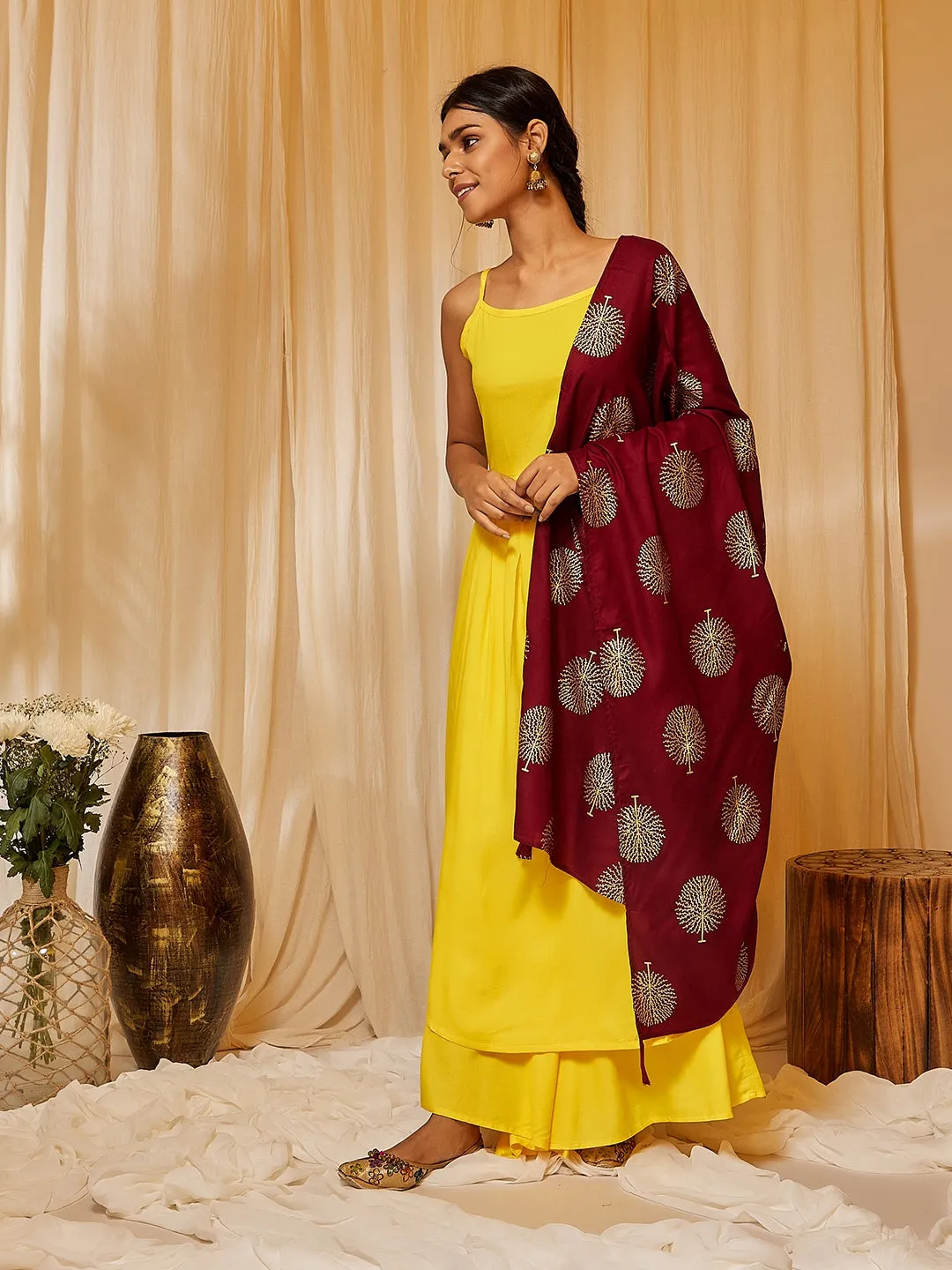 Yellow Strappy Kurta Plazzo Set With Maroon Gold Work Dupatta