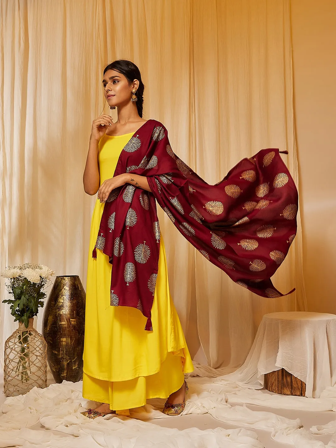 Yellow Strappy Kurta Plazzo Set With Maroon Gold Work Dupatta