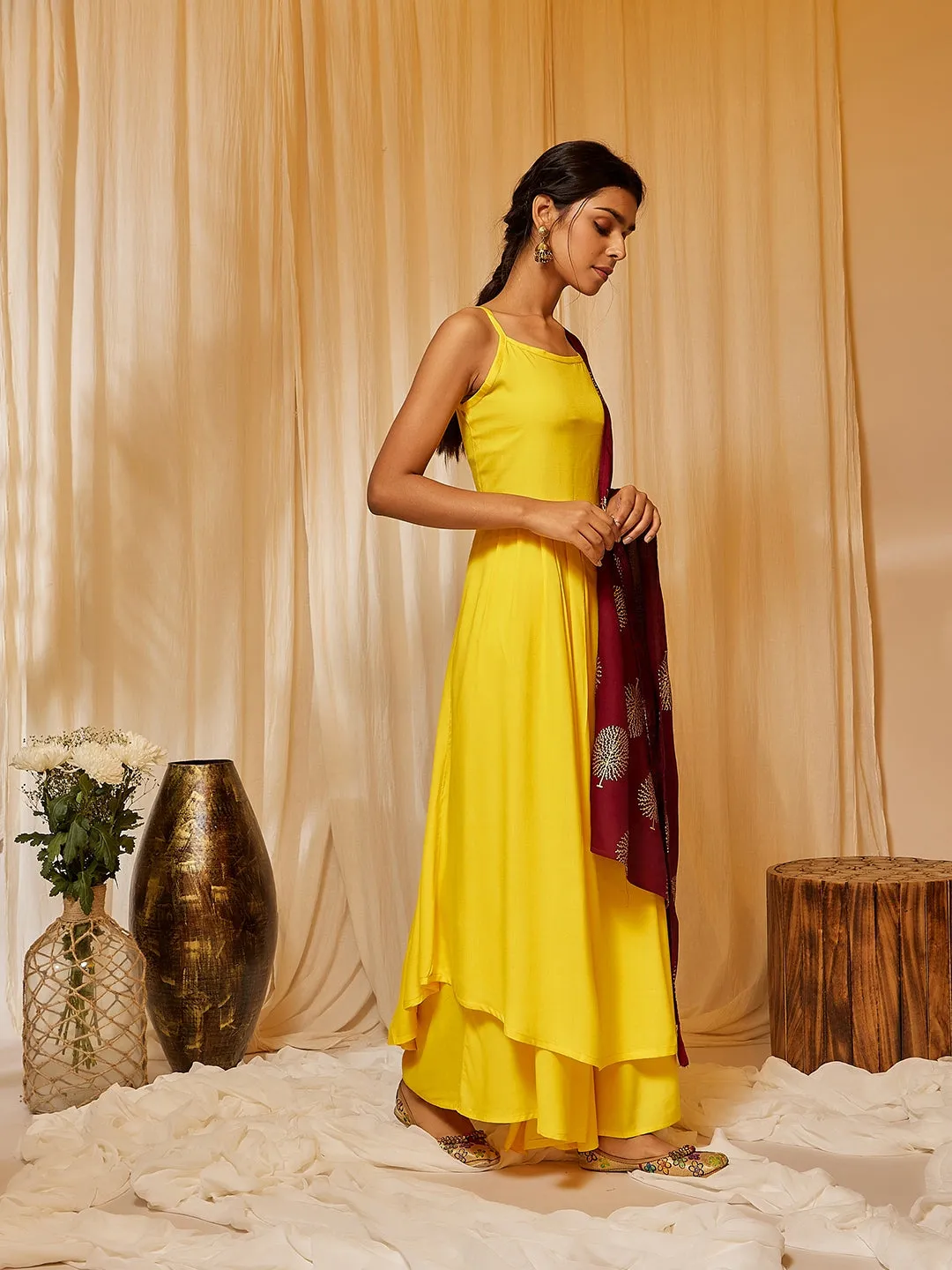 Yellow Strappy Kurta Plazzo Set With Maroon Gold Work Dupatta