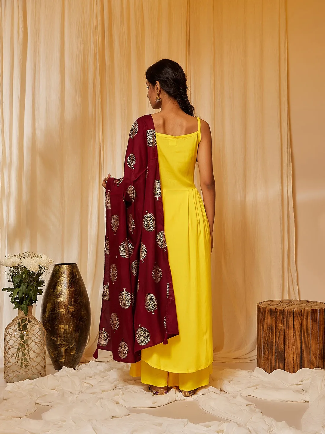 Yellow Strappy Kurta Plazzo Set With Maroon Gold Work Dupatta