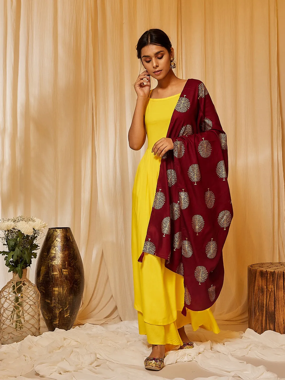 Yellow Strappy Kurta Plazzo Set With Maroon Gold Work Dupatta