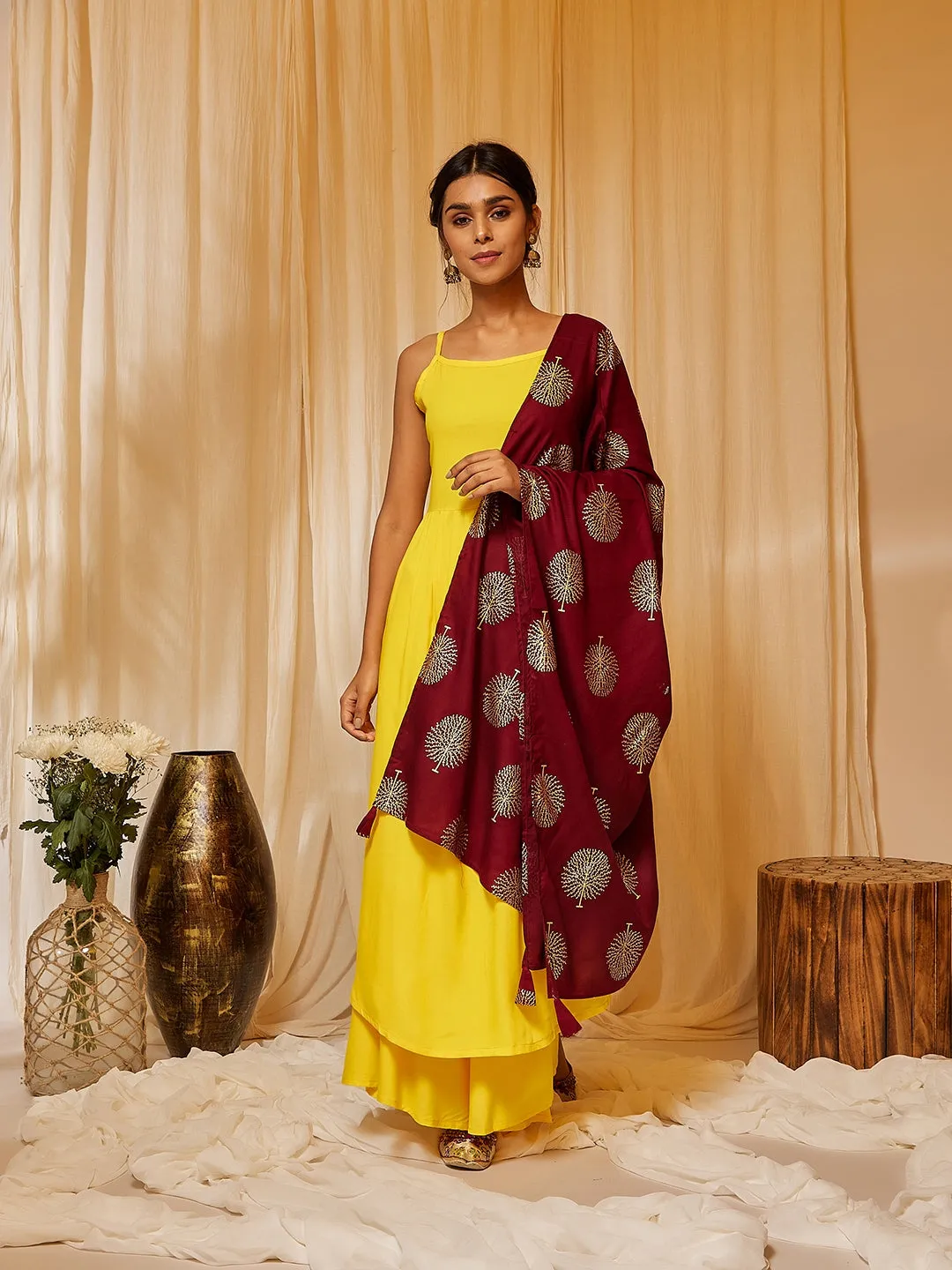 Yellow Strappy Kurta Plazzo Set With Maroon Gold Work Dupatta